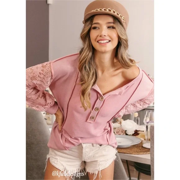 LAST! Button Henley Style Dusty Rose Floral Lace Sleeve Top! - Picture 13 of 13